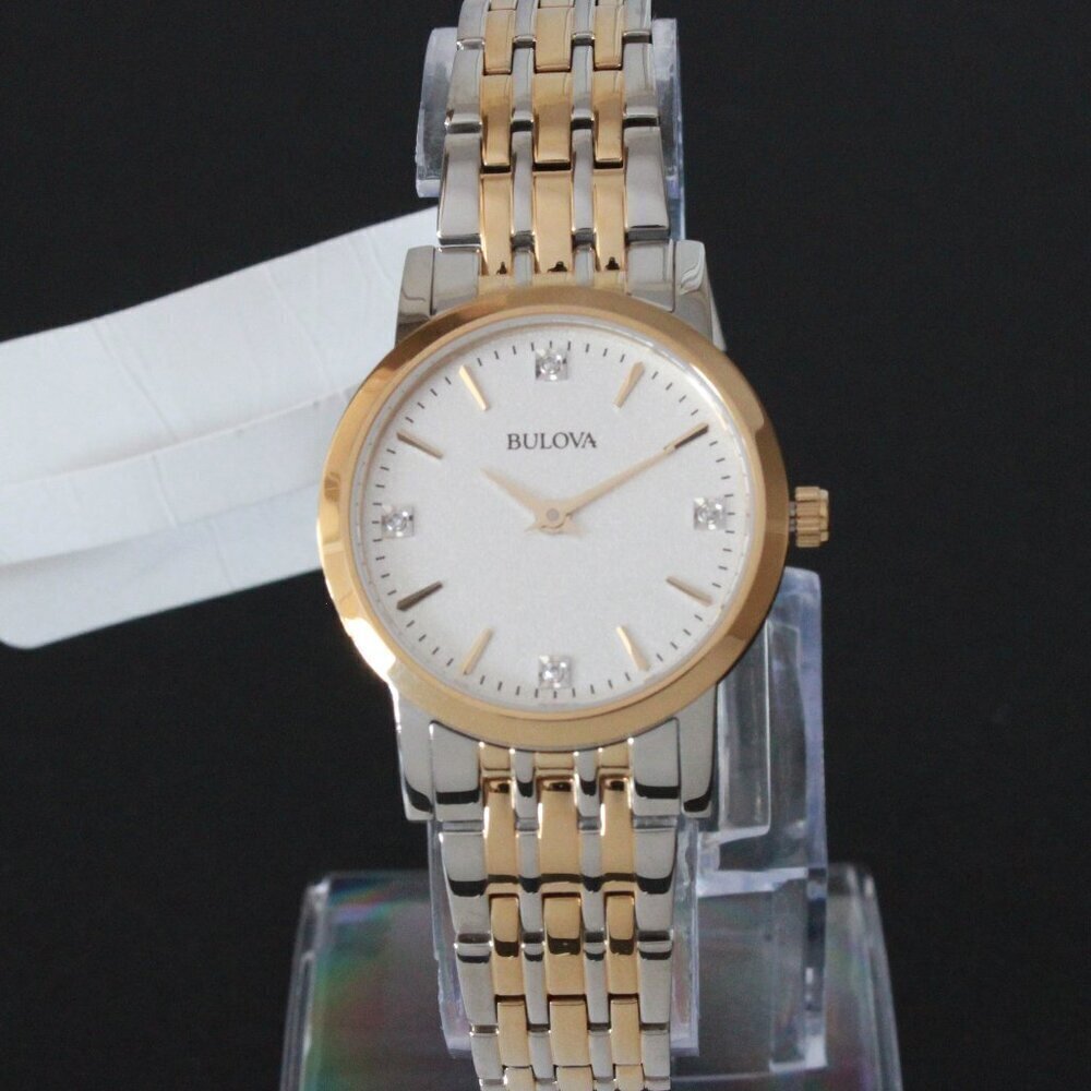 Bulova Ladies Sutton Classic Quartz Watch Four Diamond Accents Two Tone 27mm - Picture 3 of 13
